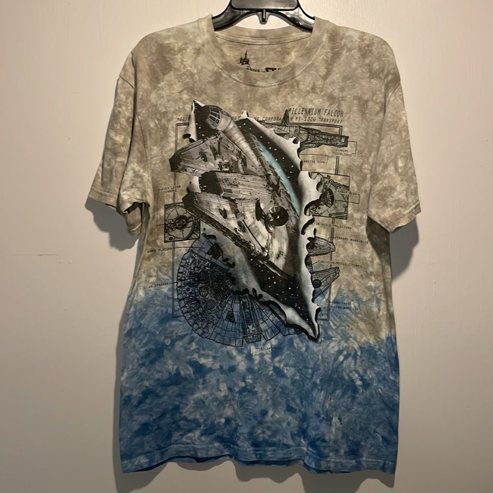 Disney Parks- Star Wars Millennium Falcon Beige Blue Tie Dye T Shirt- Size M